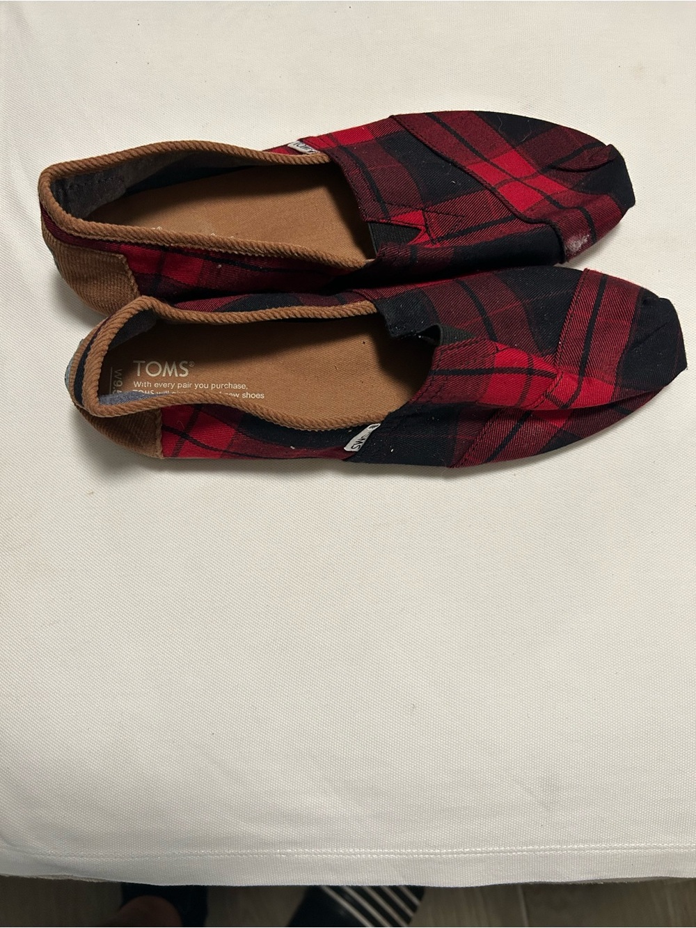 TOMS Red and Black Plaid Canvas Slip-Ons